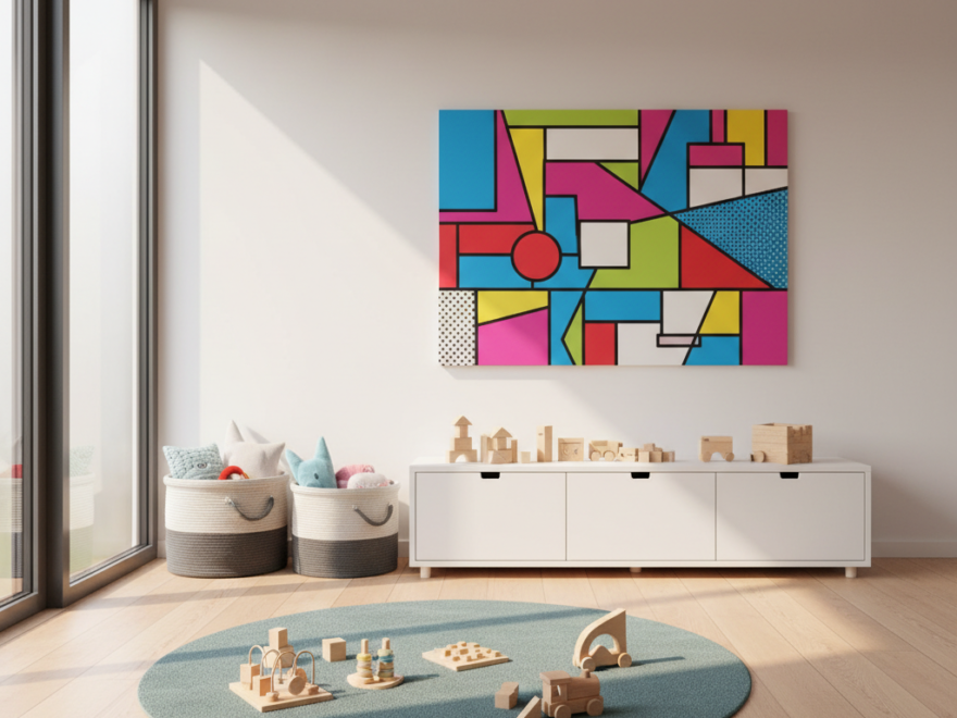 Speelse kamer met een kleurrijk popartwerk boven een lage kast met speelgoed en opbergmanden.