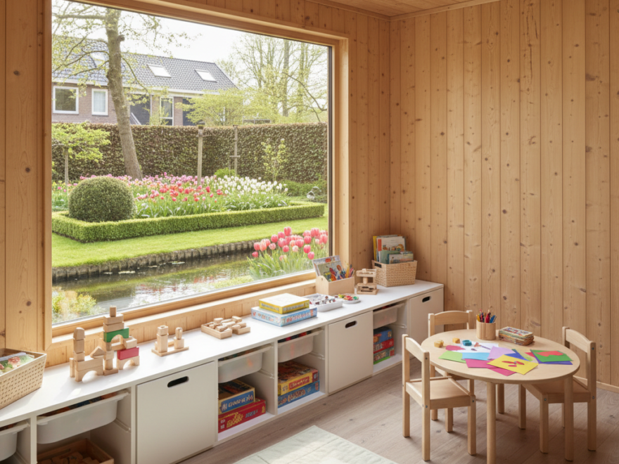 Licht houten bijgebouw met een knutseltafel, lage speelgoedkasten en een vrije speelvloer.