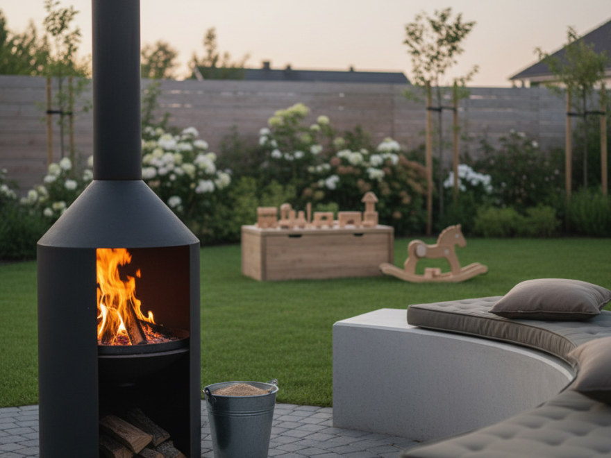 Tuinhaard op een betegeld terras met speelgoed op veilige afstand van de vuurplaats